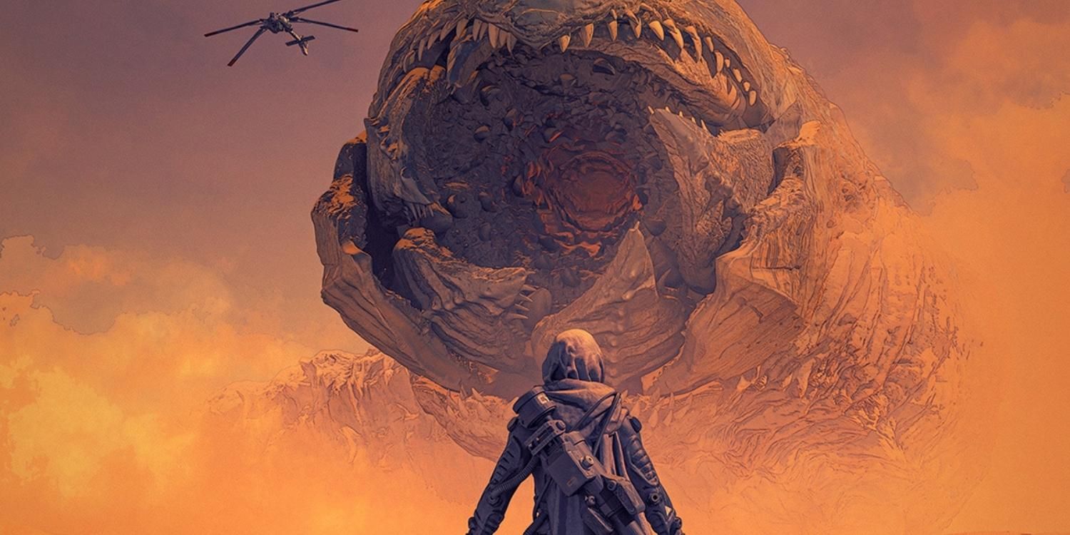A Dune book cover featuring a sandworm and a Fremen