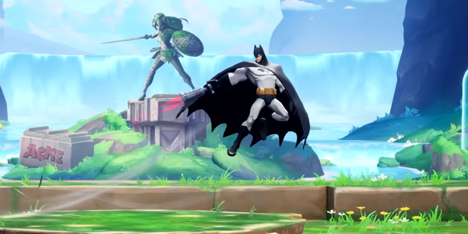 Batman aiming his grapnel gun on Themyscira in MultiVersus
