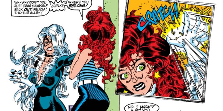 Black Cat Vs. Mary Jane Mary Jane has had to fight many for Peter's love, which makes sense. But one fight got brutal. This was between Black Cat or Felicity and Mary Jane. After Felicity returns from Europe and finds Peter and Mary married, she gets furious. Black Cat confronted Mary Jane directly, but fortunately, Mary wasn't fazed by it.