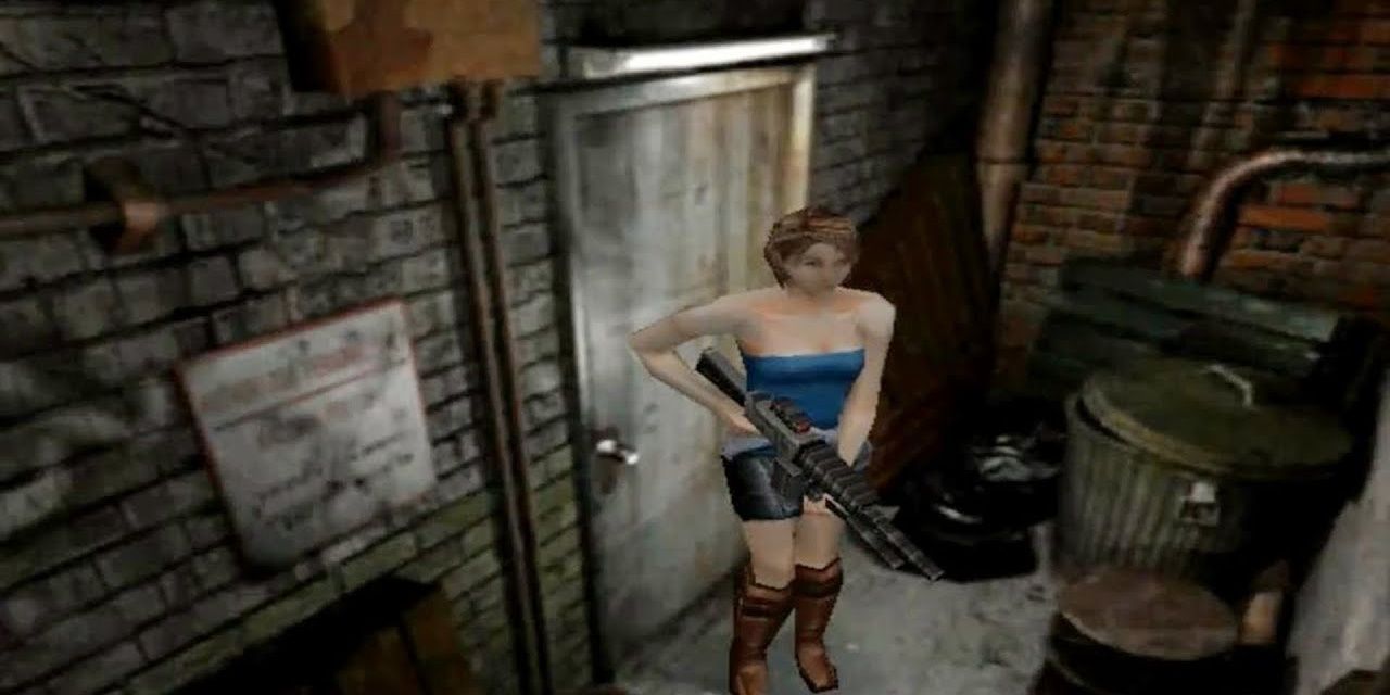 Jill Valentine holds a gun in an alley in Resident Evil 3 Nemesis Cropped