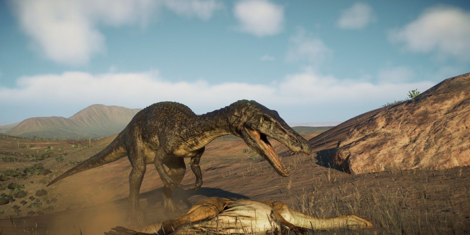 Jurassic World Evolution 2 Baryonyx over prey