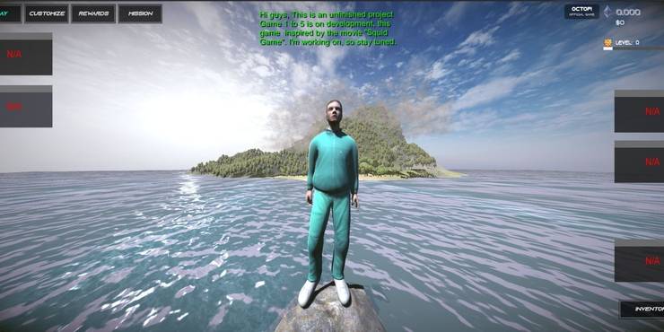 A character standin in a small patch of land in the ocean in Octopi Games