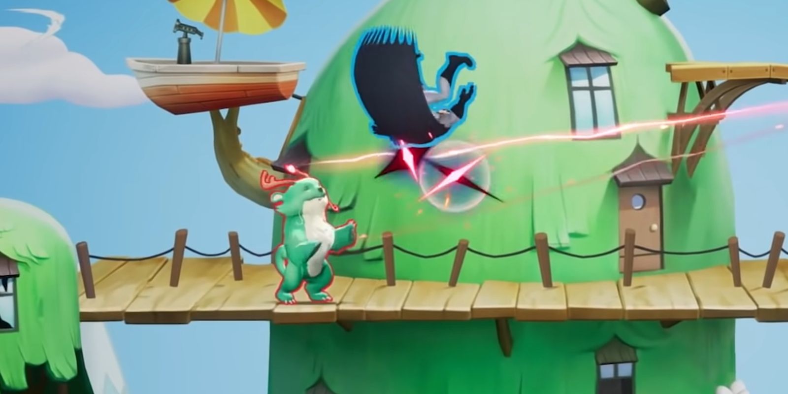 Reindog firing a beat at Batman on the treehouse in MultiVersus