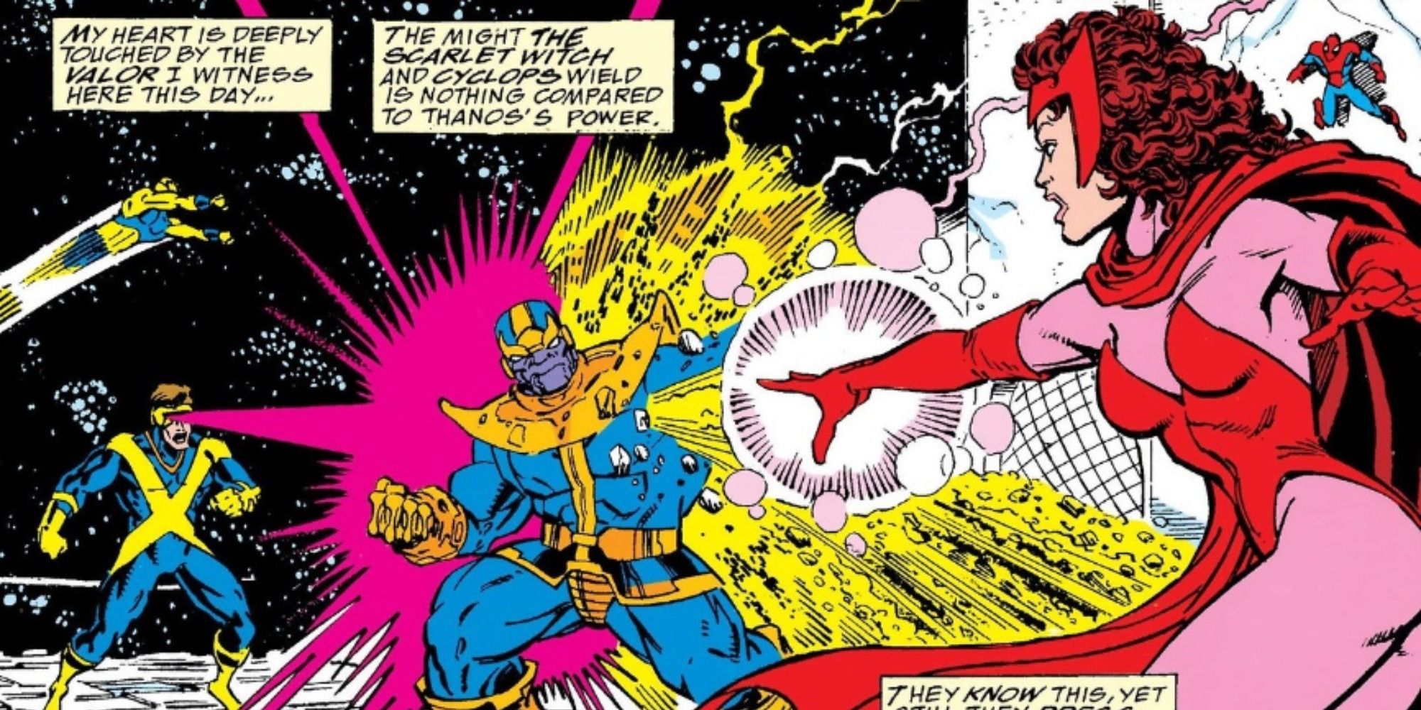 Scarlet Witch fights Thanos in Infinity Gauntlet comic.