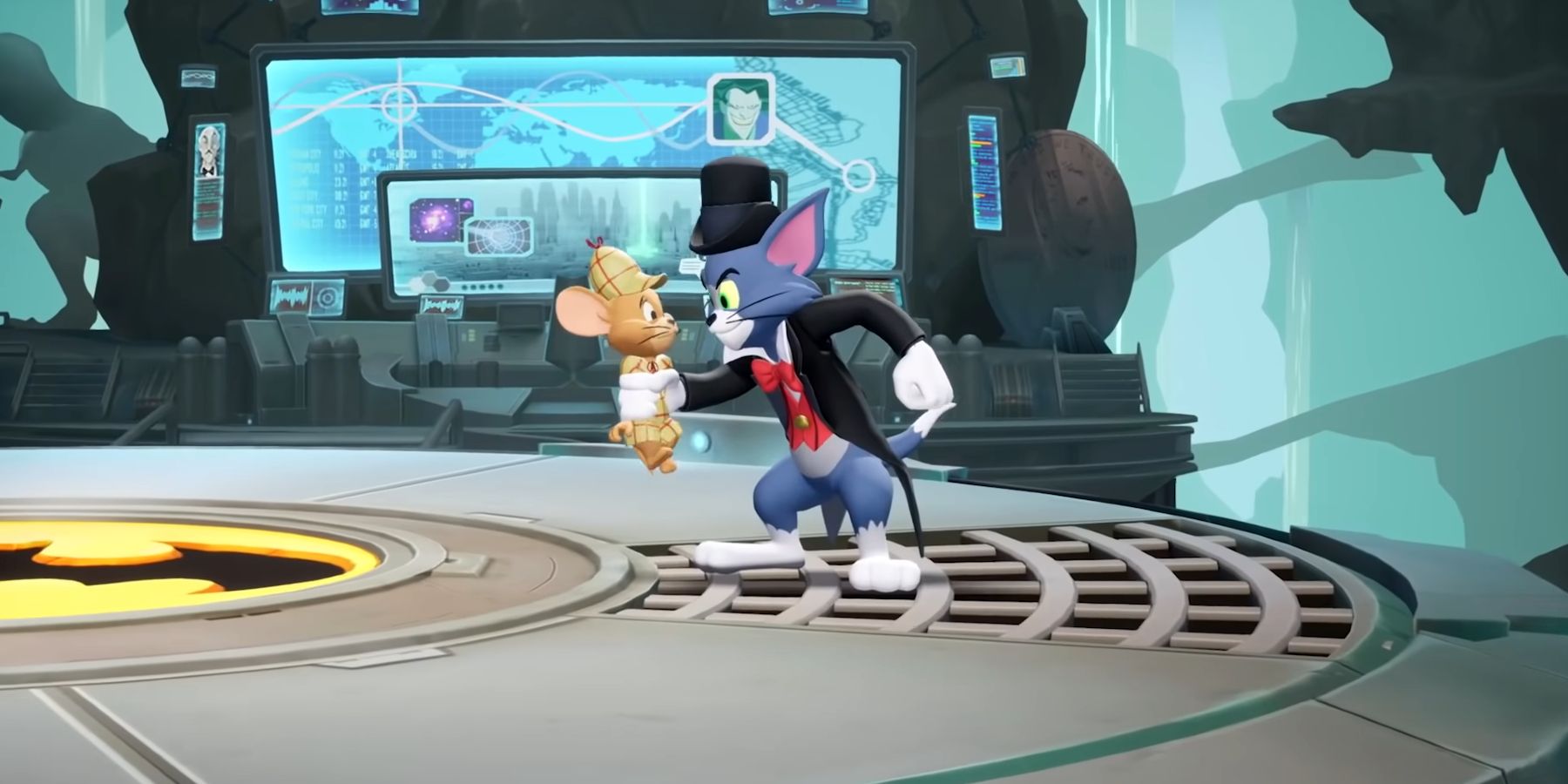Tom And Jerry wearing their Sherlock Holmes skin in the Batcave in MultiVersus