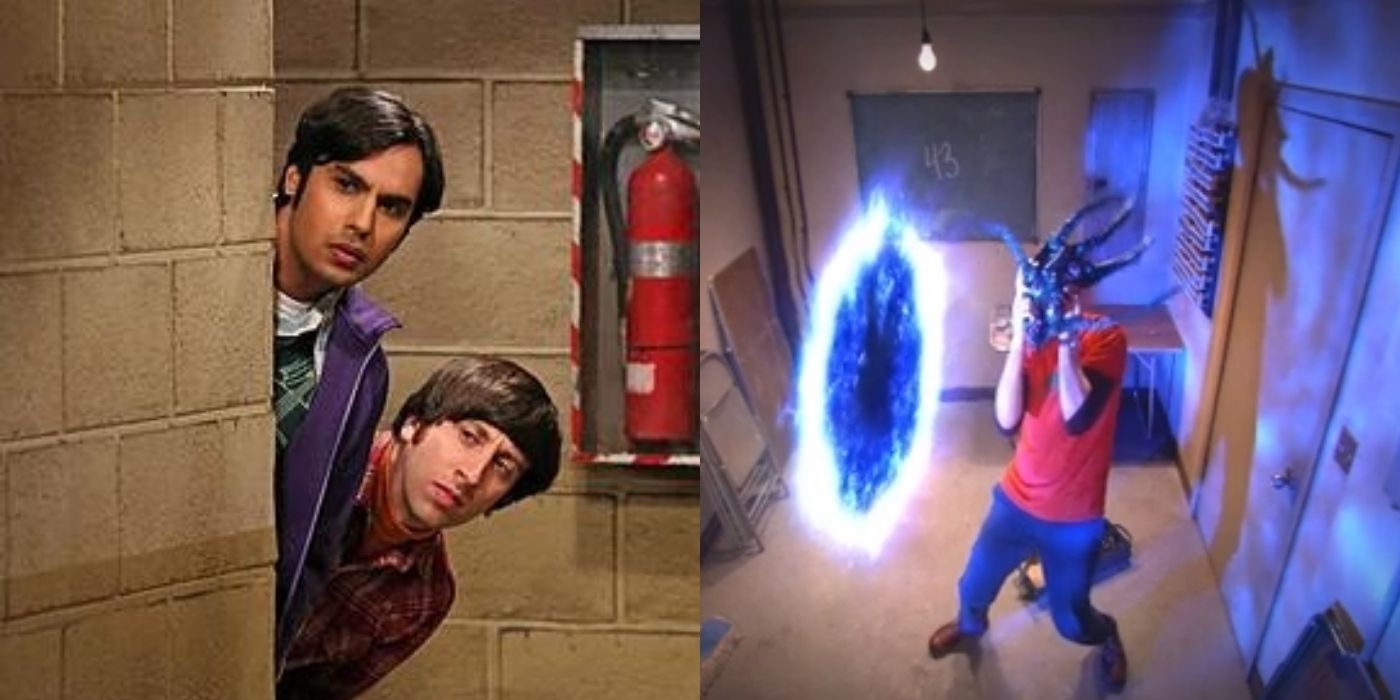 A split image of Raj and Howard spying on Sheldons prank on TBBT