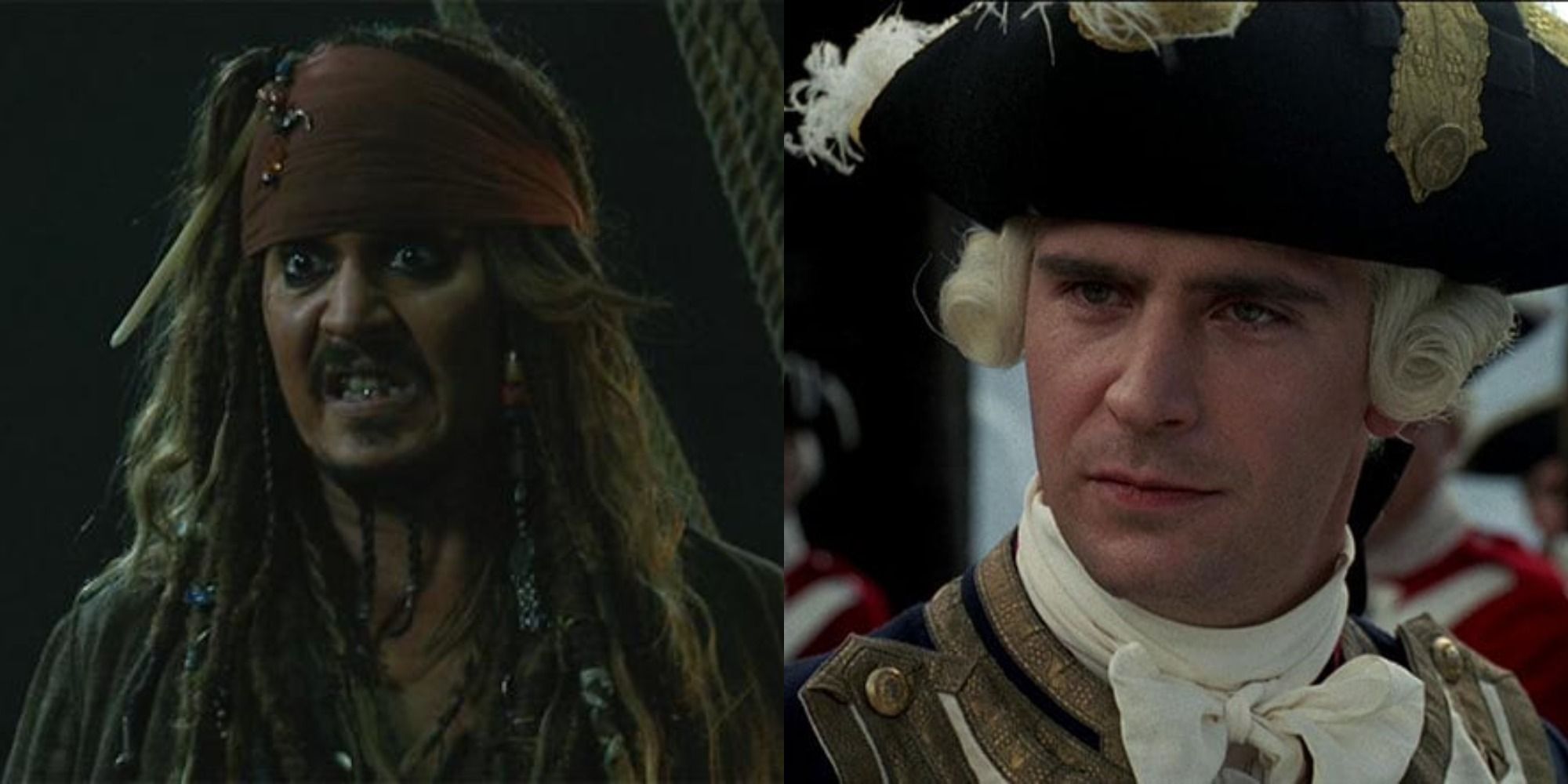 Johnny Depp grimaces as Jack Sparrow and Jack Davenport as James Norrington looks confident in Pirates of the Caribbean