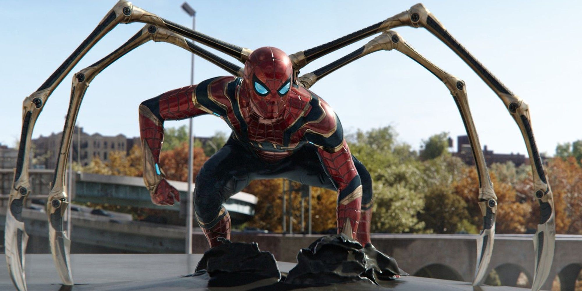 Spider Man No Way Home Spider Man Iron Spider Suit On Bridge