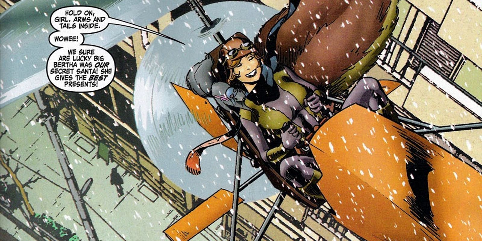 Squirrel Girl flying away in her gyrocopter in GLX Mas Special