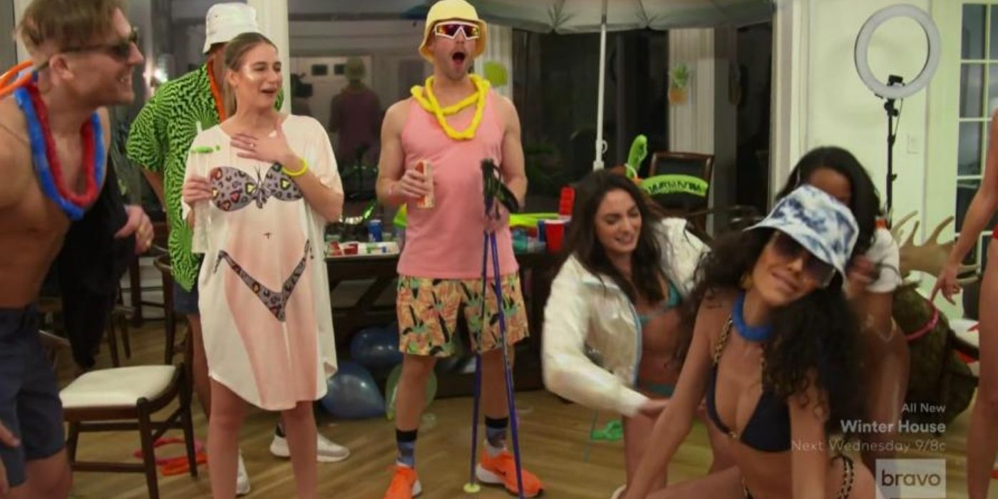 The cast of Winter House partying in themed gear