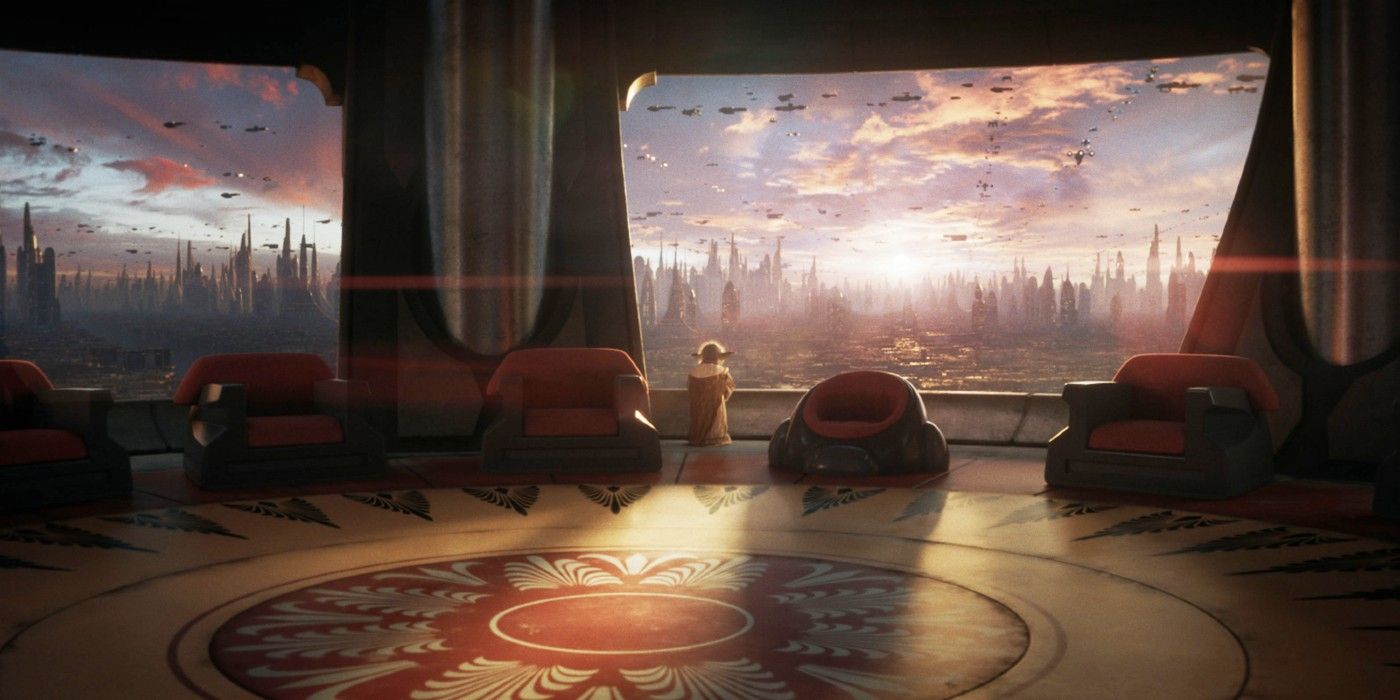 Yoda stands in an empty Jedi Council room looking out the window Star Wars Eclipse