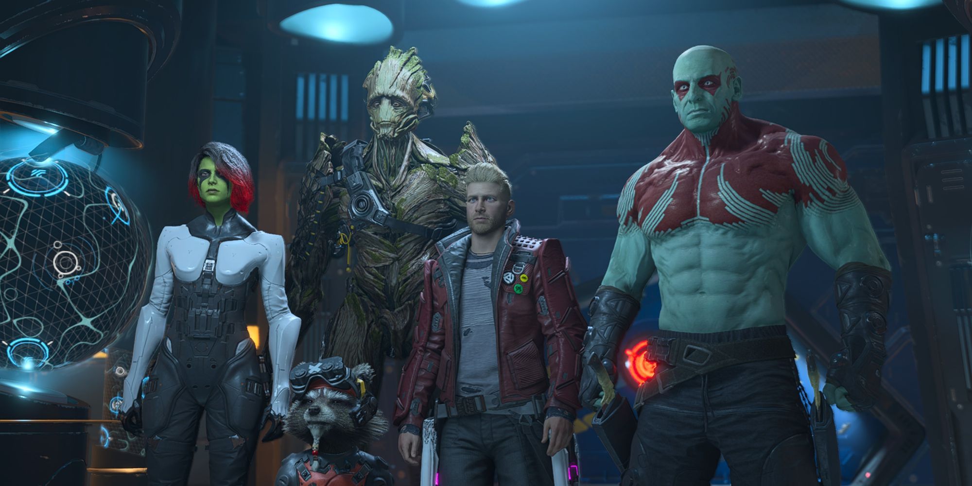 image from the game Marvels Guardians of the Galaxy featuring Star Lord Drax Groot Gamora