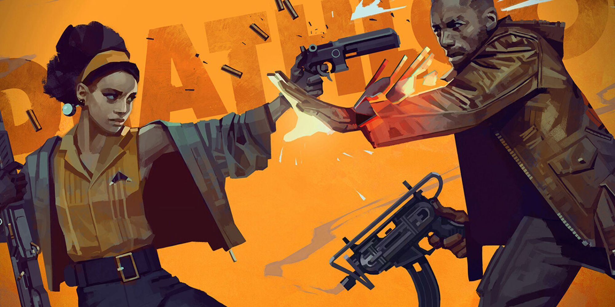 poster for the video game Deathloop showing the characters Colt and Julianna engaged in a gunfight