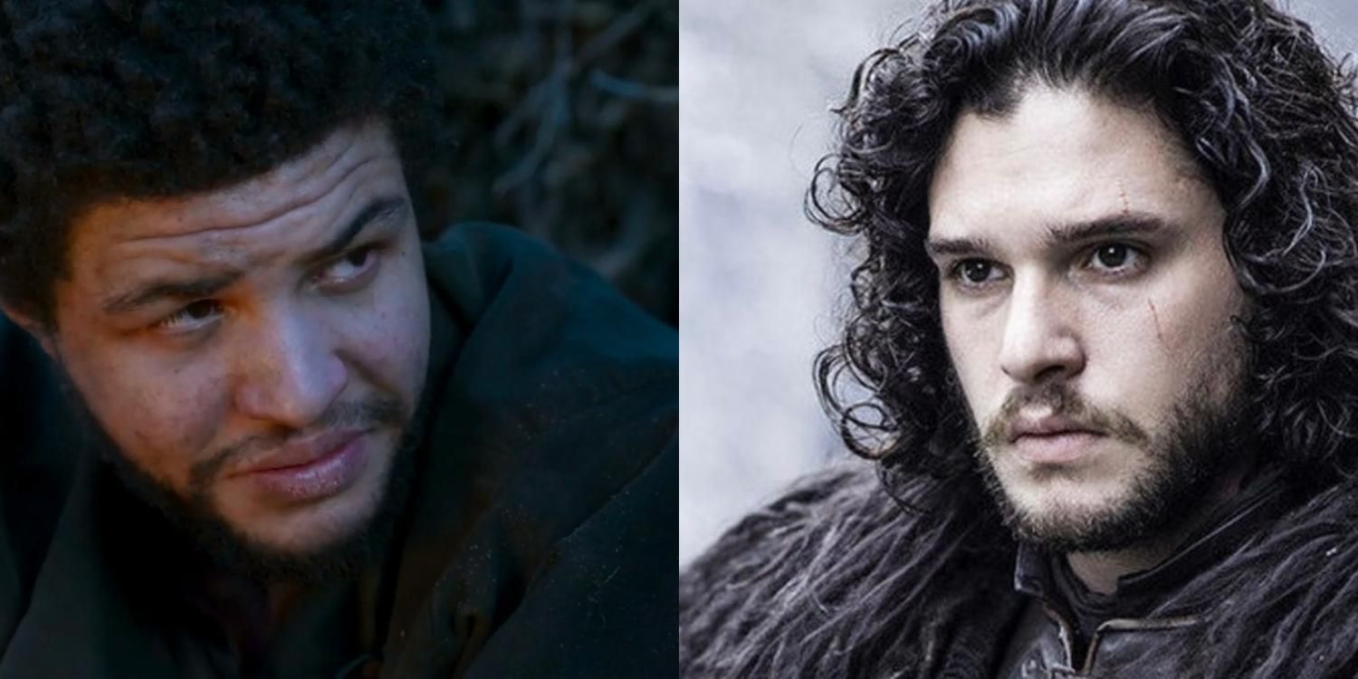 A closeup of Perrin in Wheel of Time and a closeup of Jon Snow in Game of Thrones