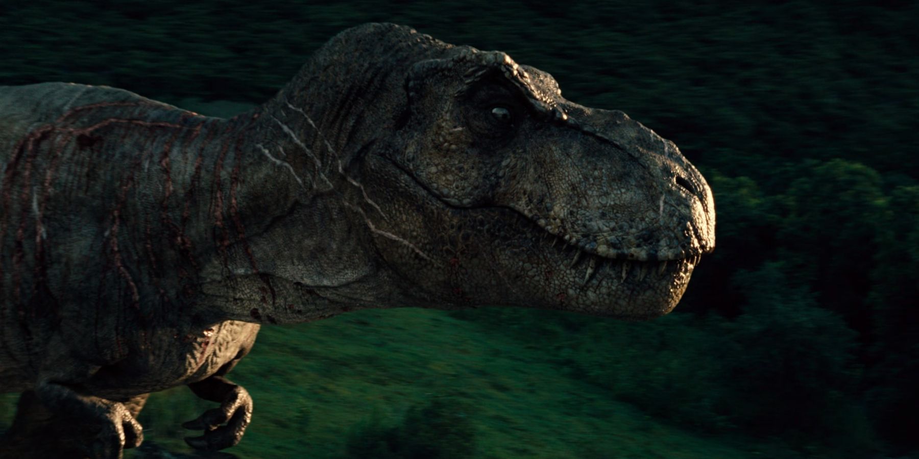 Rexy the T Rex reclaiming Isla Nublar as her island in Jurassic World