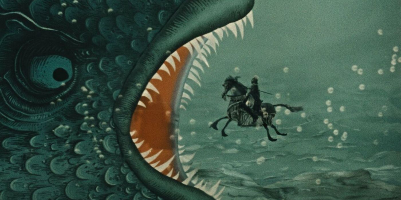 A man and a horse entering a fish in The Fabulous Baron Munchausen 1961