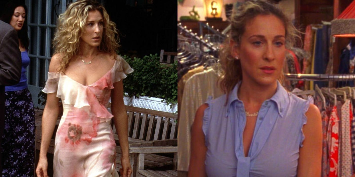 A split image of Carrie after a fight with Miranda on SATC