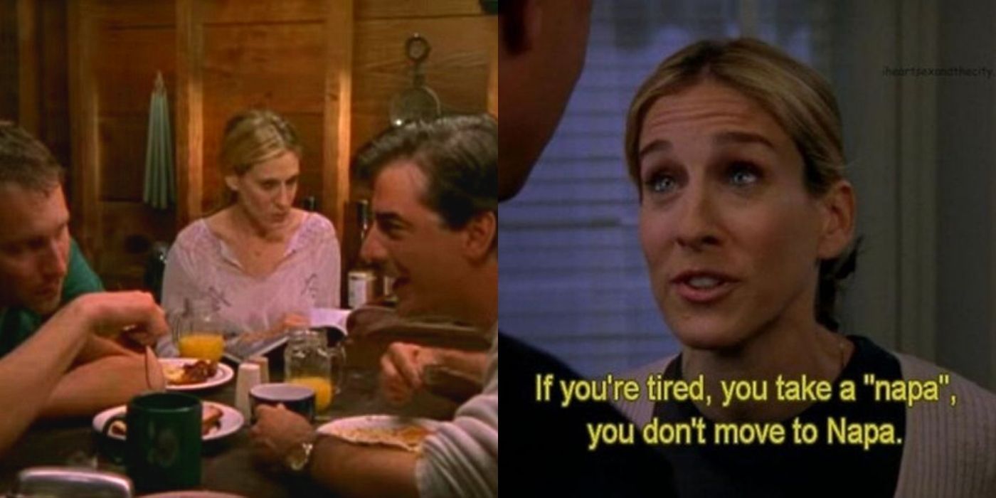 A split image of Carrie and Big at the cabin with Aidan and later saying bye on SATC