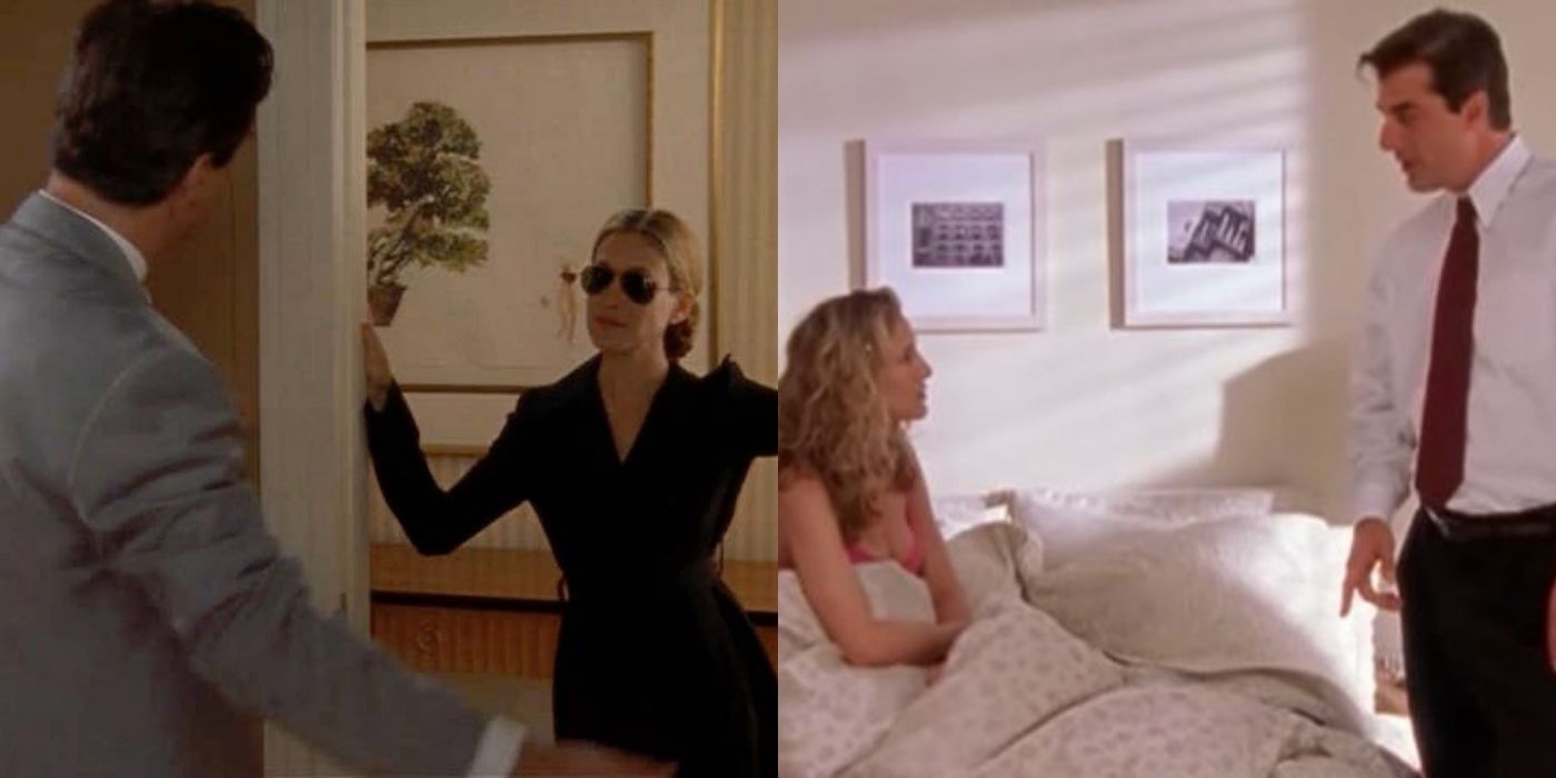 A split image of Carrie and Big having an affair on SATC