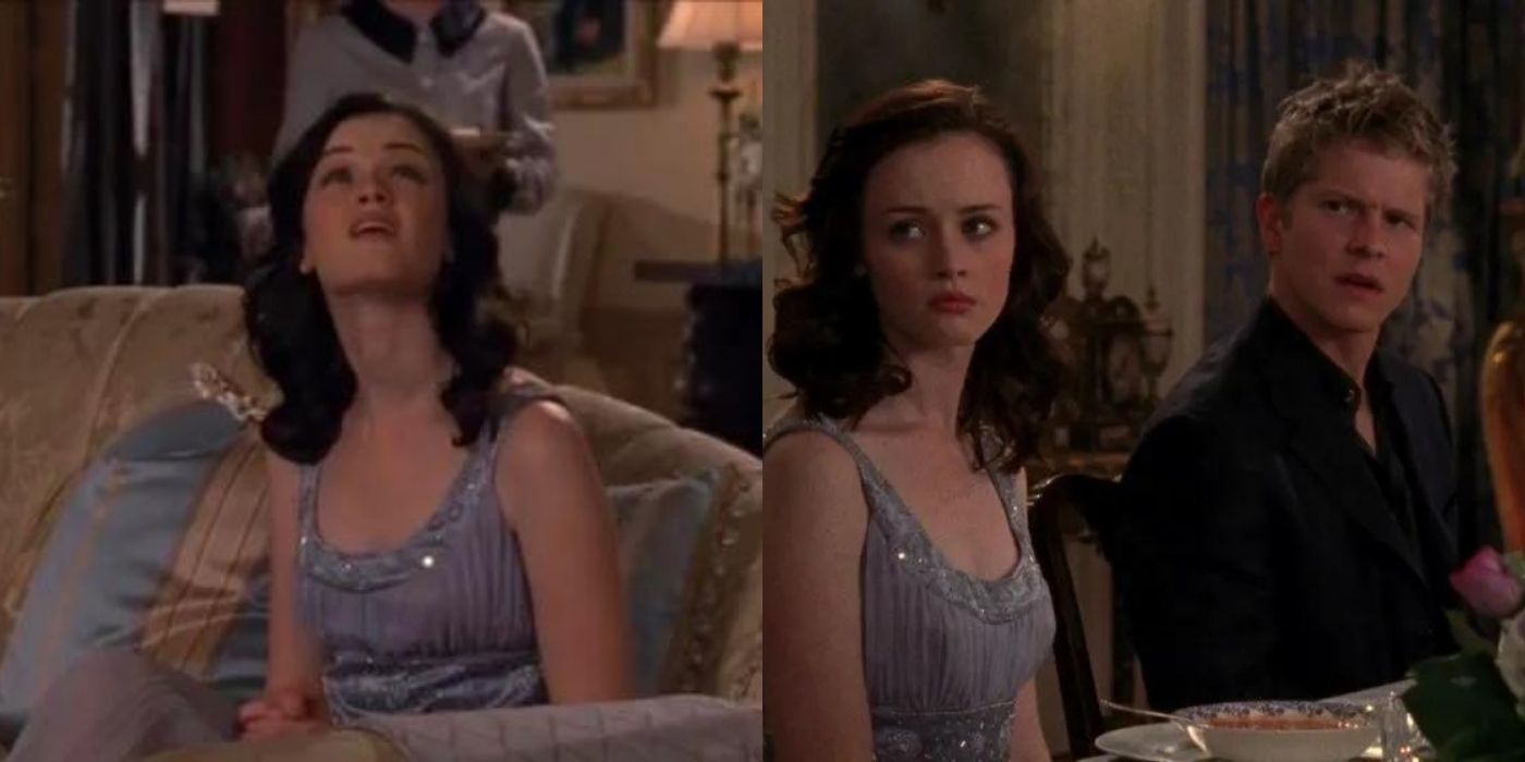 A split image of Rory and Logan at his house on Gilmore Girls