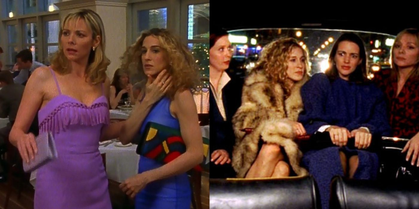 A split image of the girls of SATC in season 1 2
