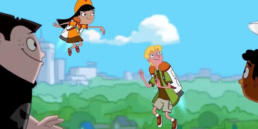 An image of Jeremy flying in the sky with Phineas and Ferbs friends