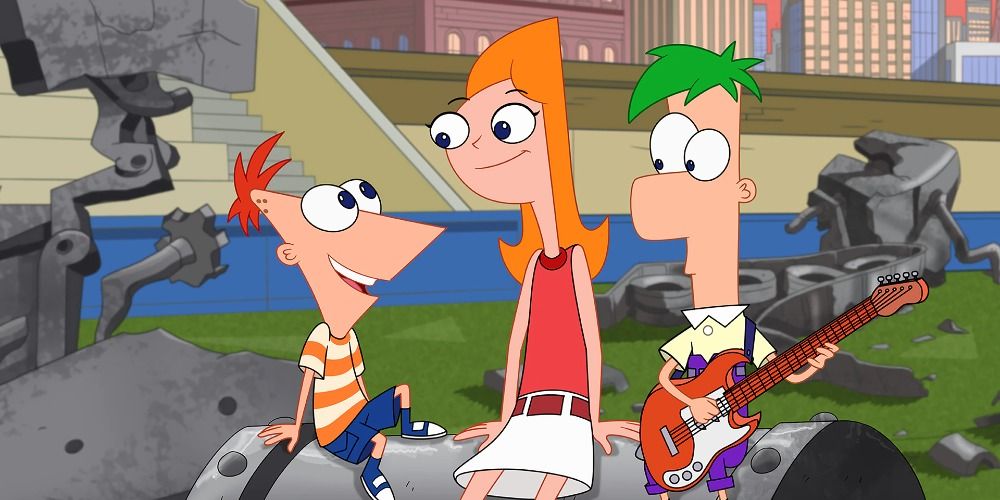 An image of Phineas Ferb and Candace sitting on a pipe in the tv series