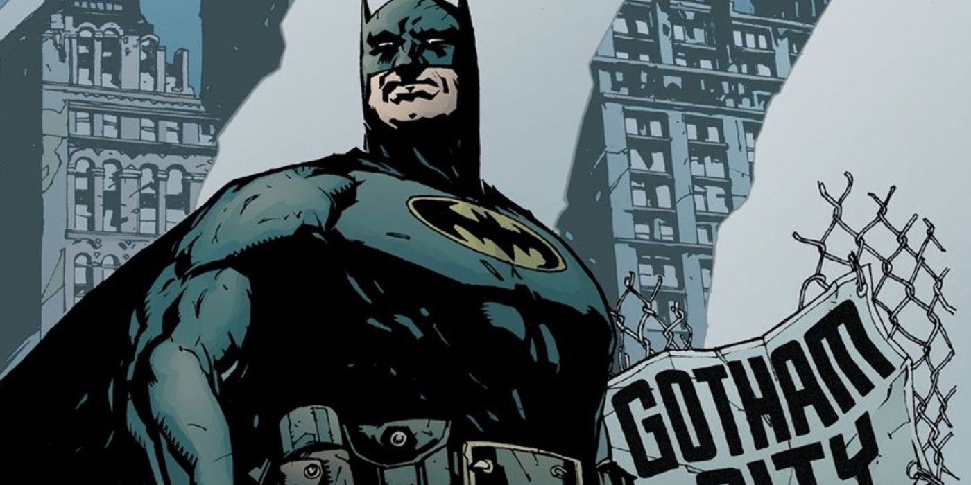 Batman standing in a destroyed Gotham City in No Mans Land