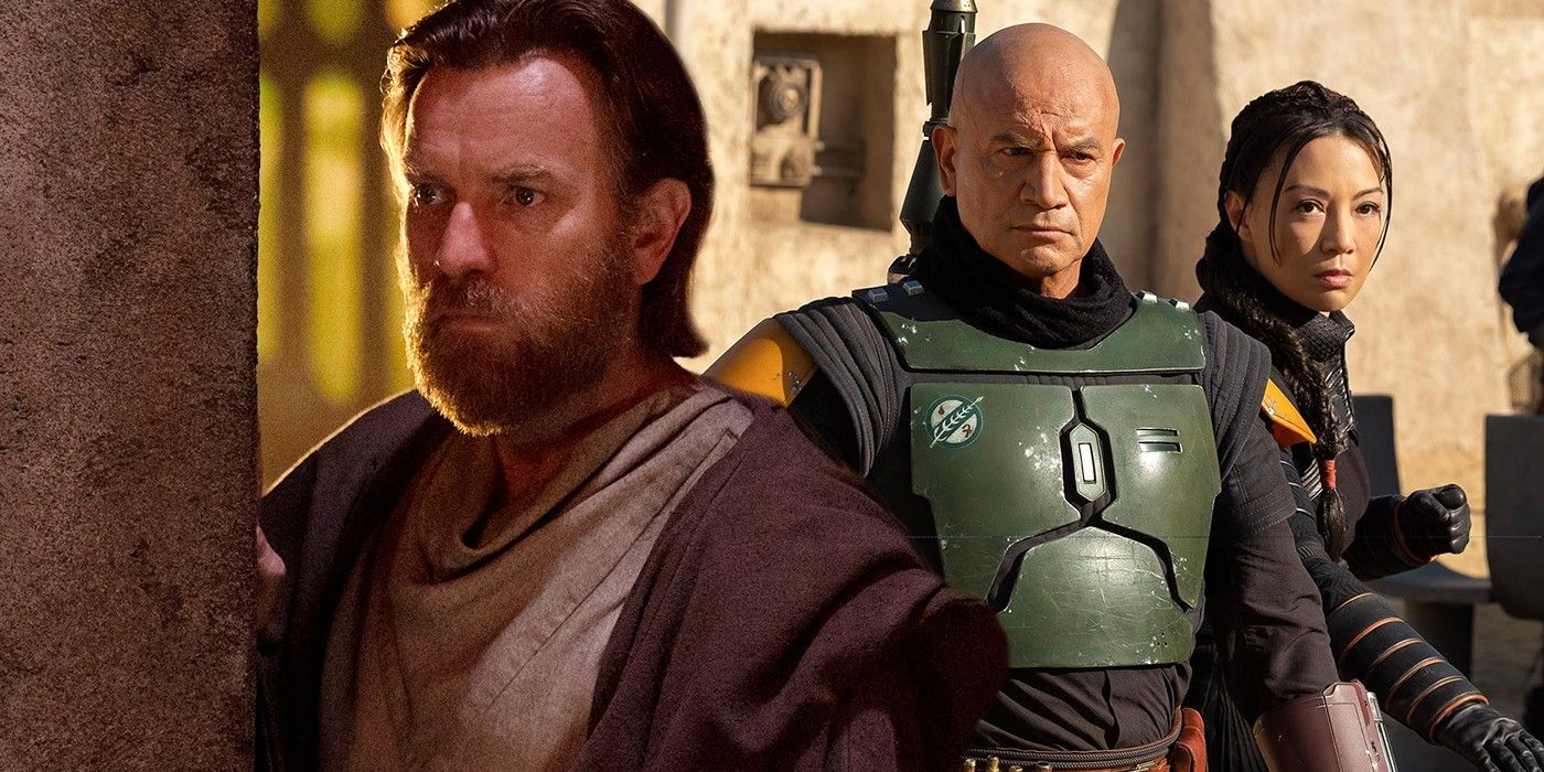 Ewan McGregor as Obi Wan Kenobi Temuera Morrison as Boba Fett and Ming Na Wen as Fennec Shand in Book of Boba Fett