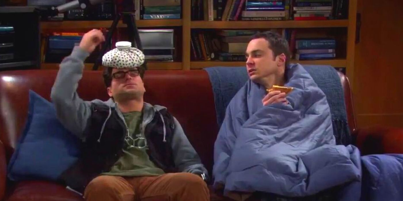 Leonard and Sheldon sick on the couch TBBT