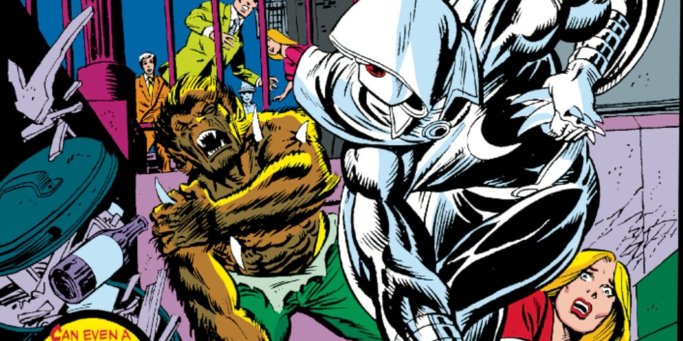 Moon Knight fights Werewolf By Night in Marvel Comics.