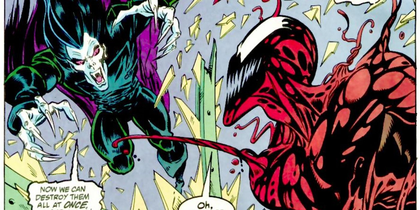 Morbius attacks Carnage in Marvel Comics.