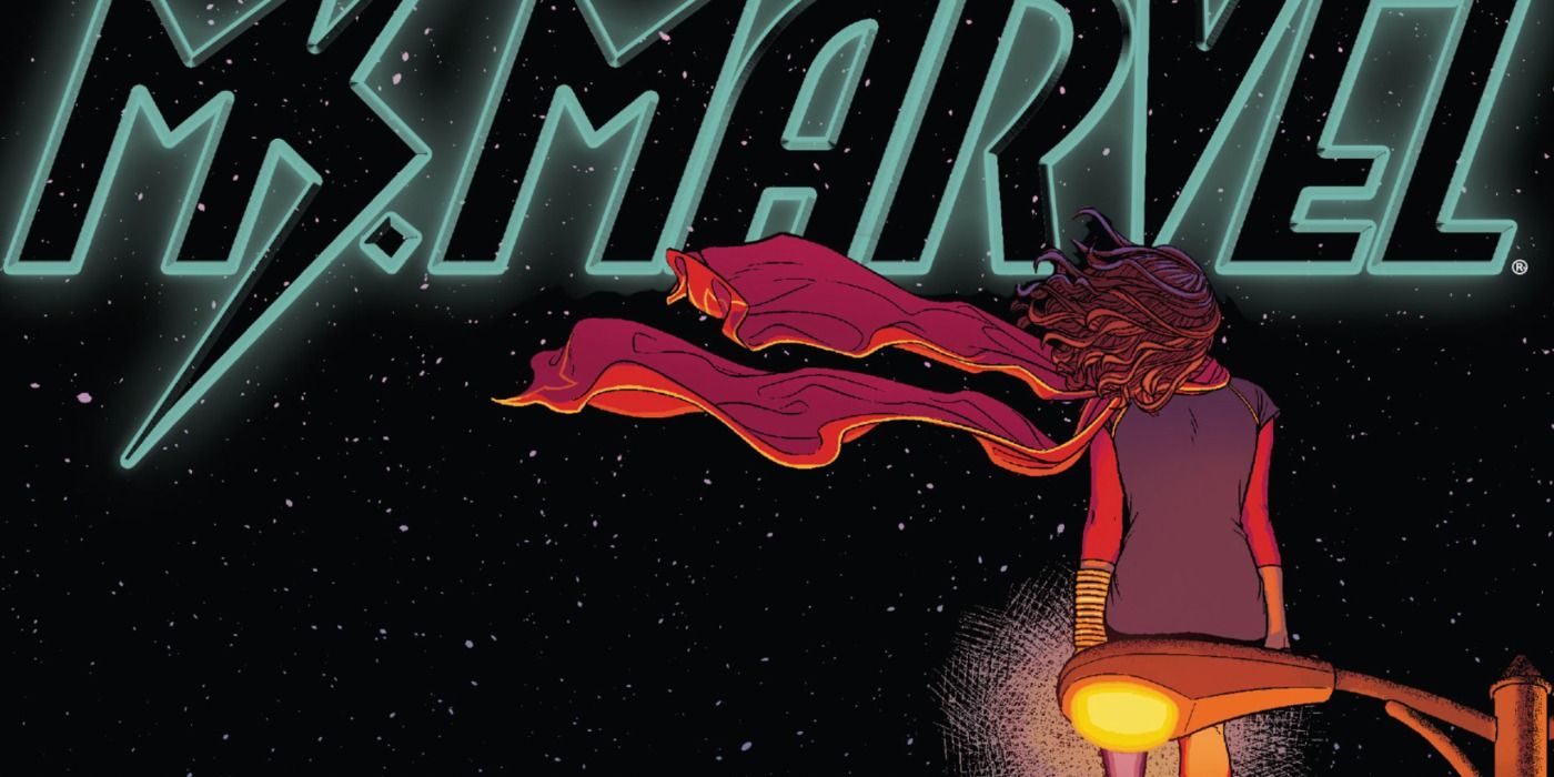 Ms. Marvel sits on a street light in Marvel Comics.
