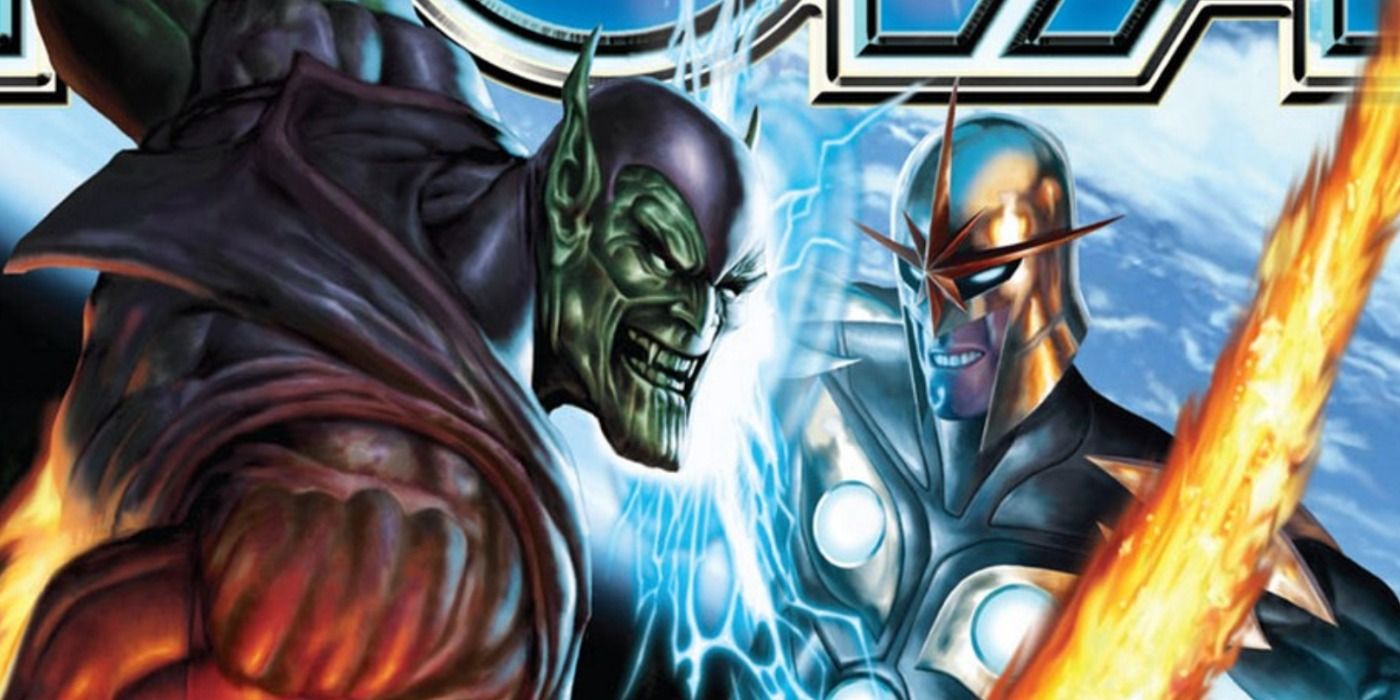 Nova fights the Super Skrull in Marvel Comics.