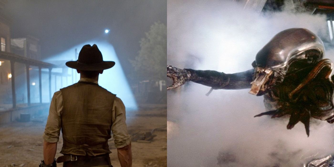 Split image of Jake in Cowboys and Aliens and the Xenomorph in Alien