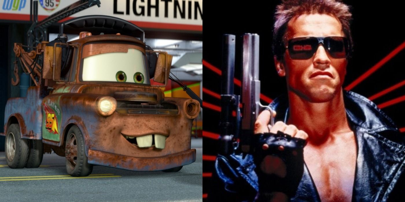 Split image of Tow Mater in Cars and the T800 in The Terminator