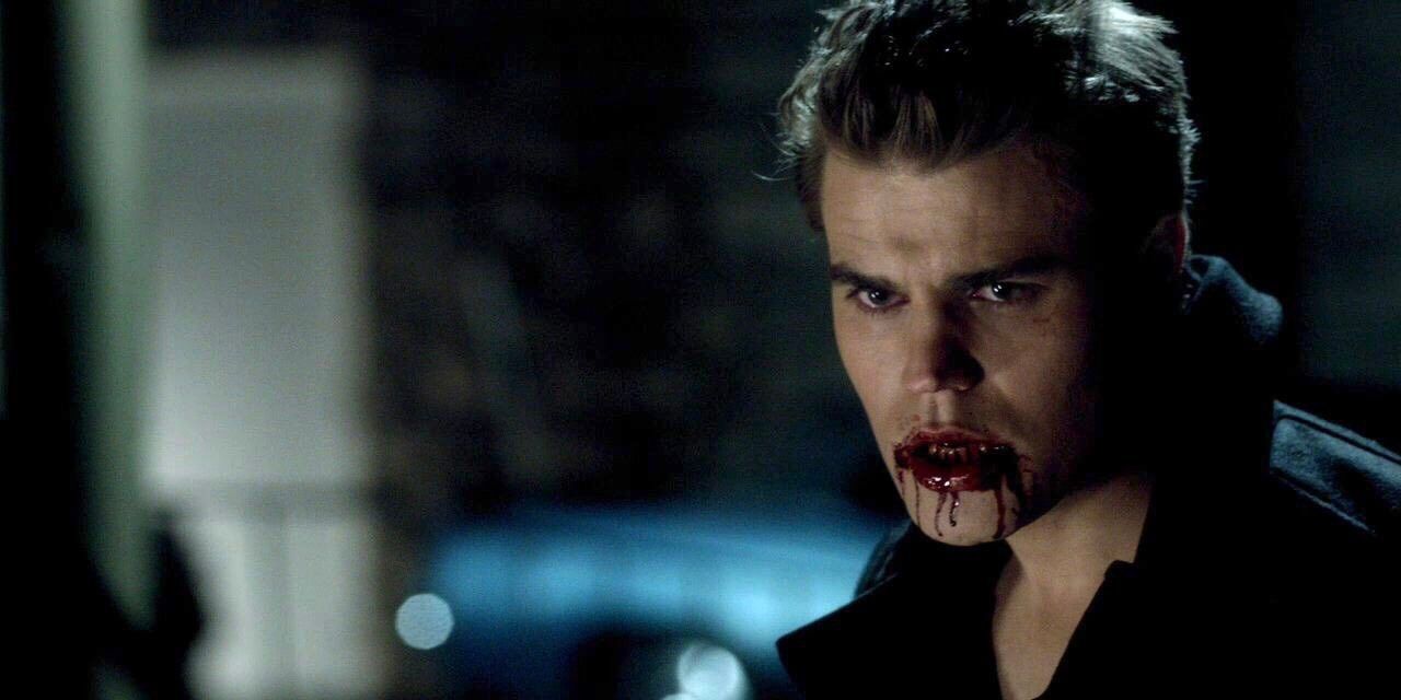 Stefan with blood dripping from his mouth on the vampire diaries