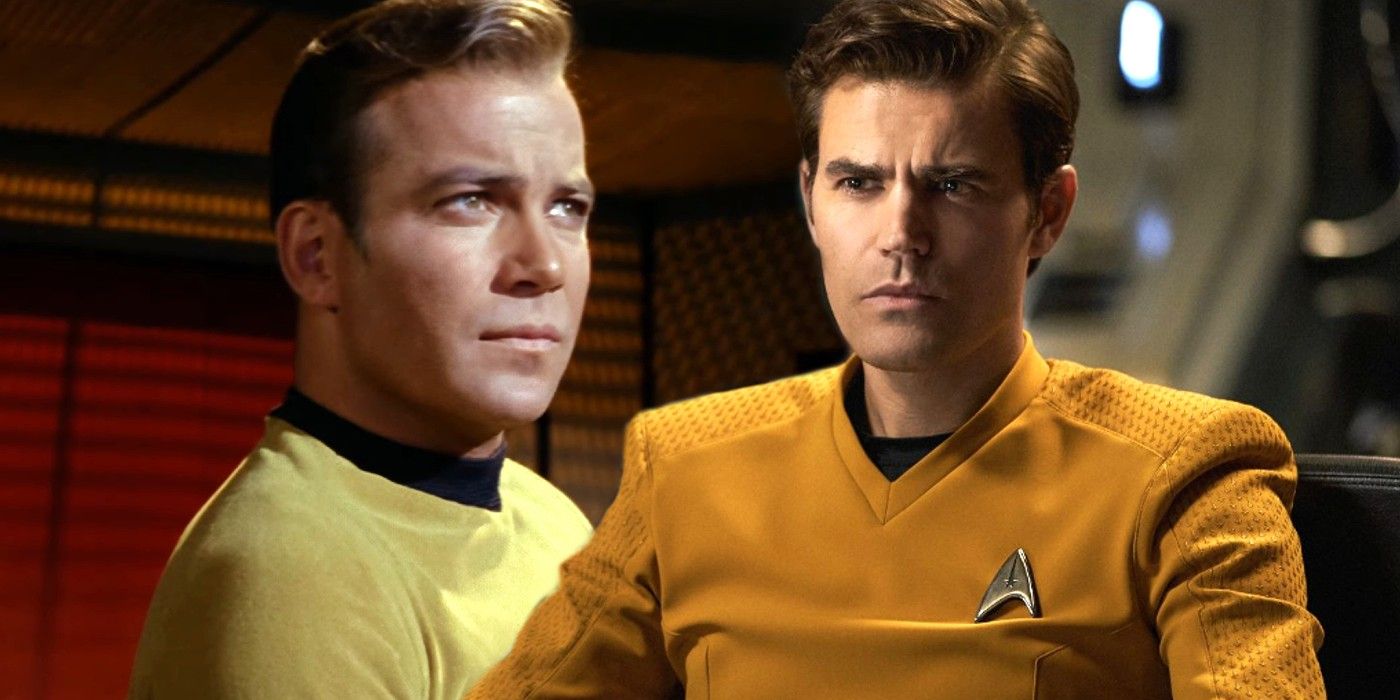 William Shatner as Kirk in Star Trek and Paul Wesley as Kirk in Star Trek Strange New Worlds