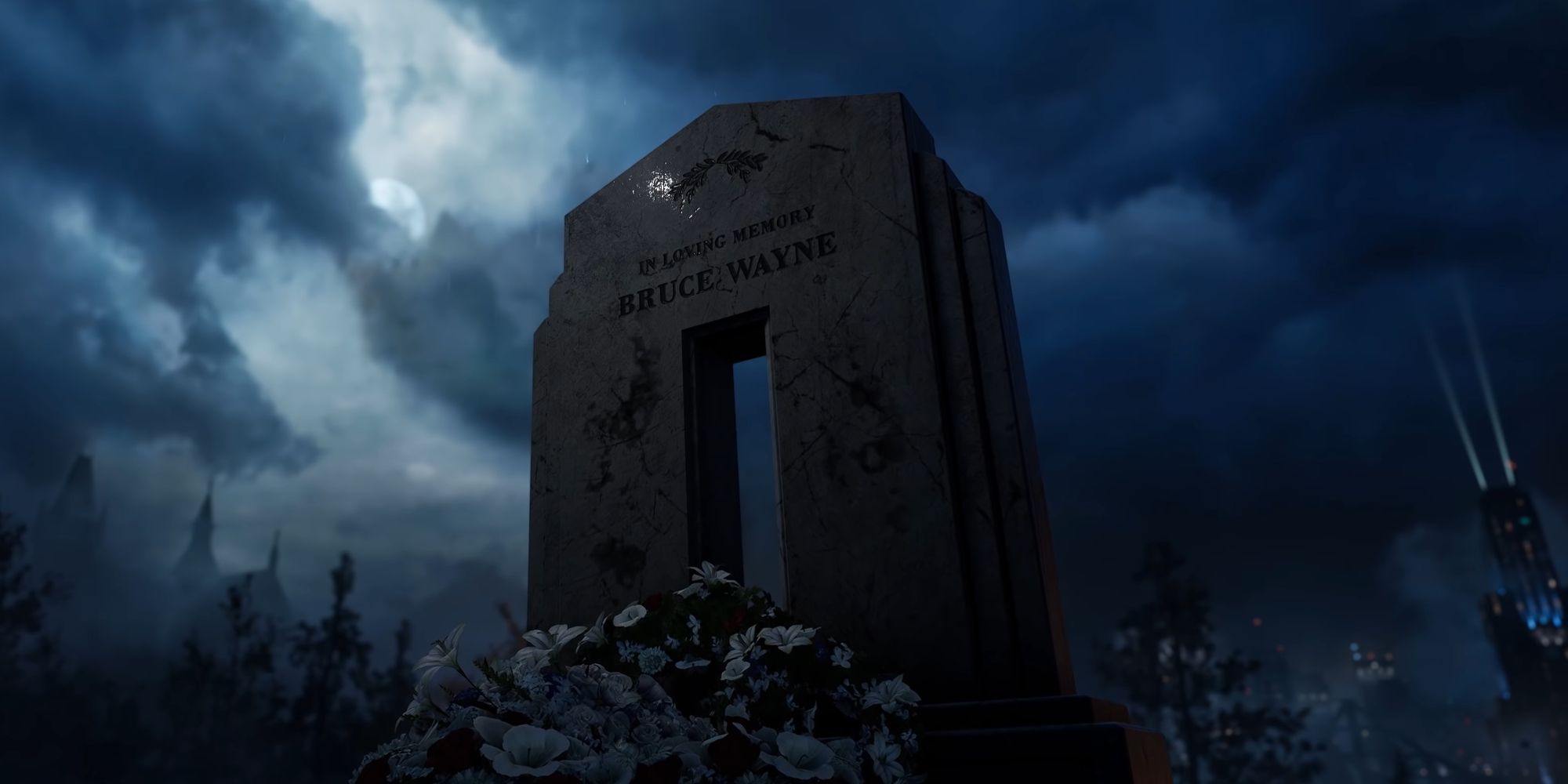 A closeup of Bruce Waynes gravestone in Gotham Knights