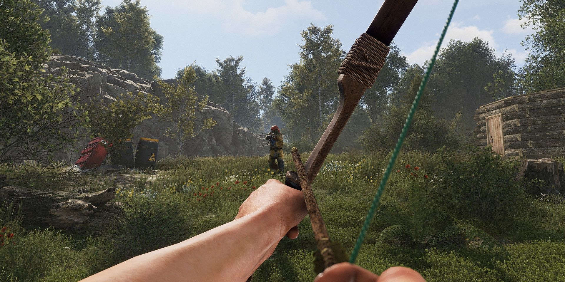 A man points a bow and arrow in Rust Cropped
