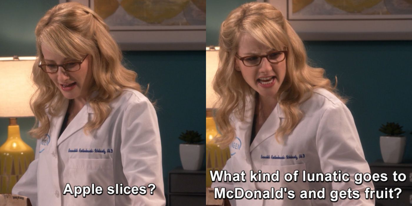 A split image of Bernadette yelling at Amy about apple slices on TBBT