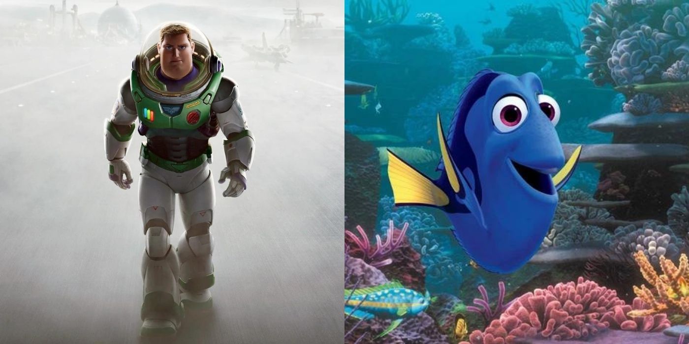 A split image of Buzz Lightyear and Dory