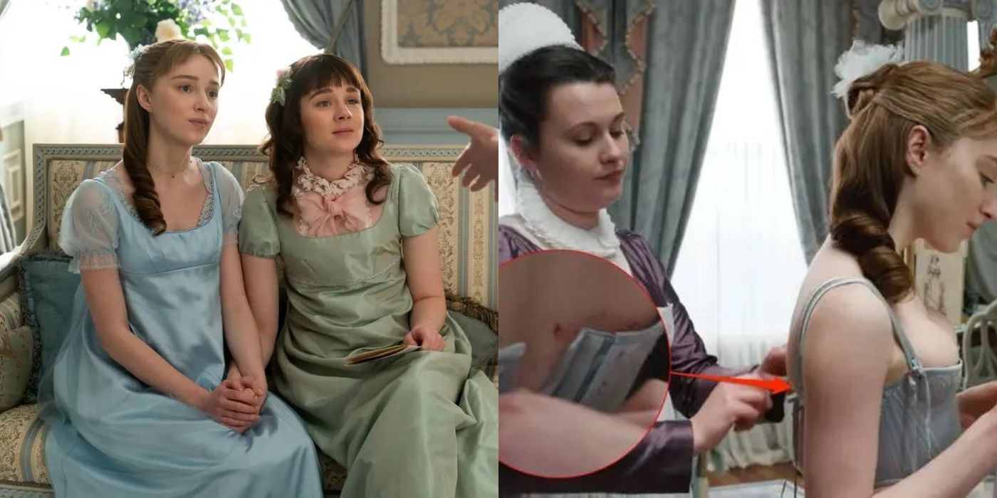 A split image of Daphne sitting next to Eloise and tightening their corsets on Bridgerton