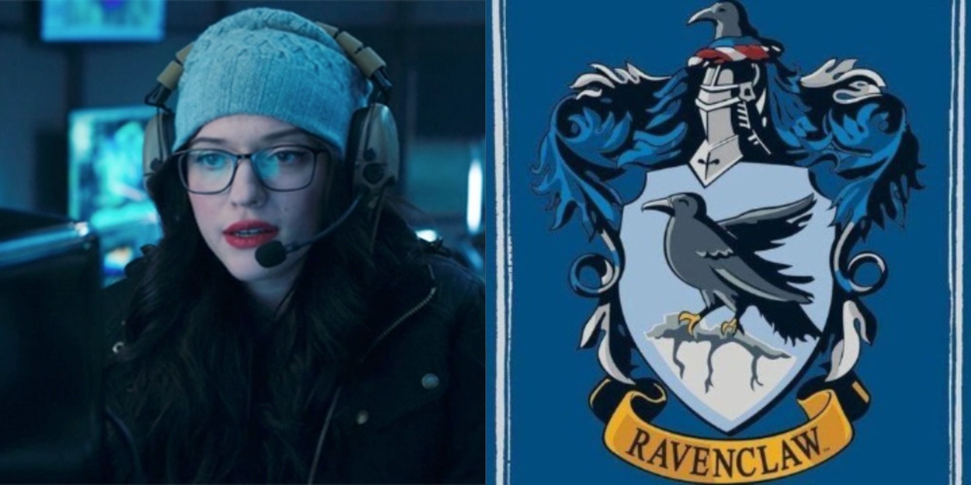 A split image of Darcy Lewis speaking into a microphone and the Ravenclaw logo