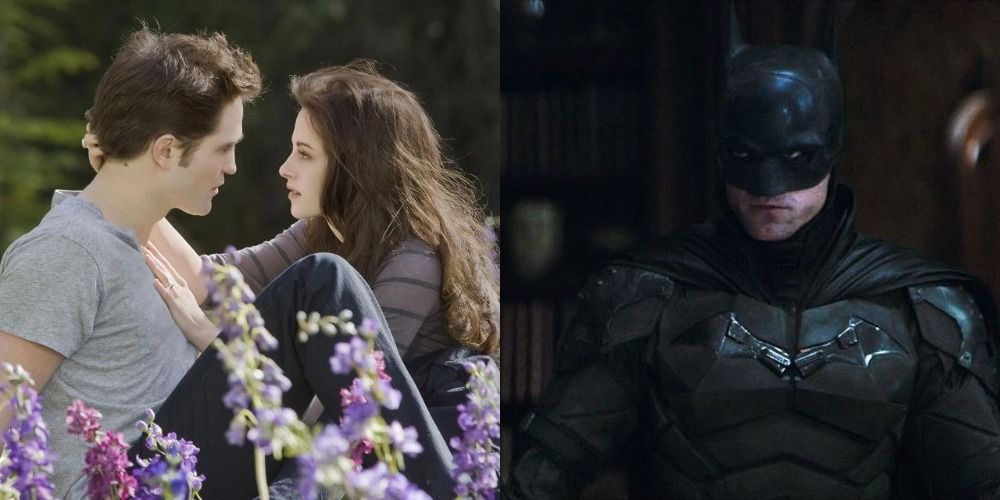 A split image of Edward and Bella sitting in the flowers and The Batman looking serious