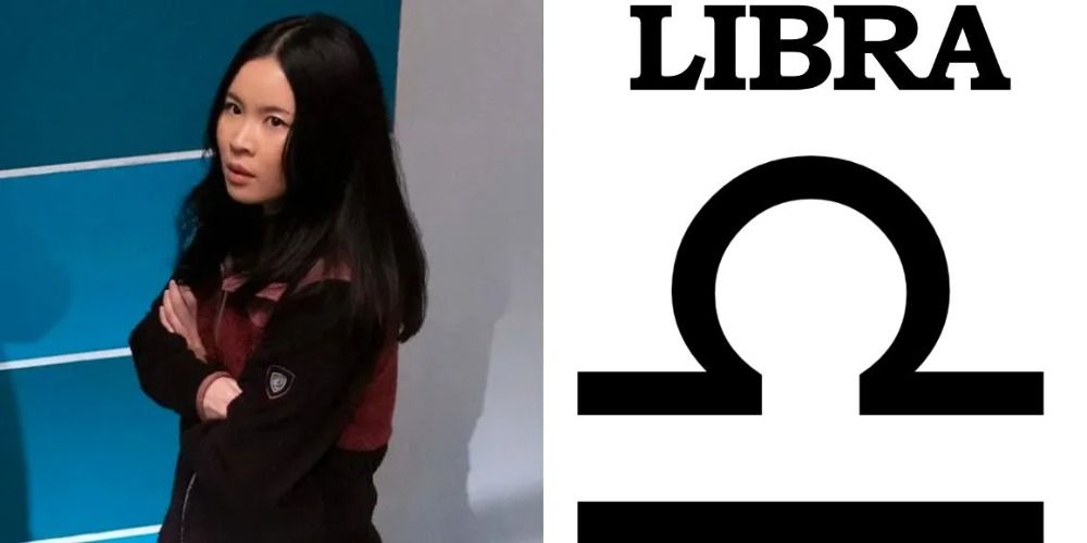 A split image of Erika Chung with her arms crossed and the Libra sign 1