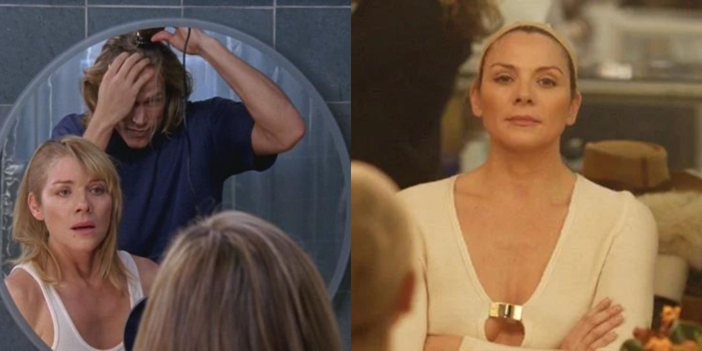 A split image of Smith shaving his head for Samantha on SATC