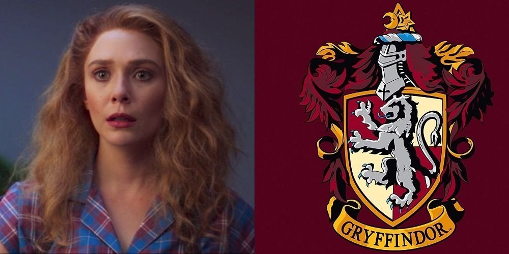 A split image of Wanda looking shocked and the Gryffindor logo in WandaVision