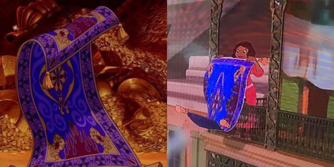 A split image of the magic carpet from Aladdin in The Princess and the Frog