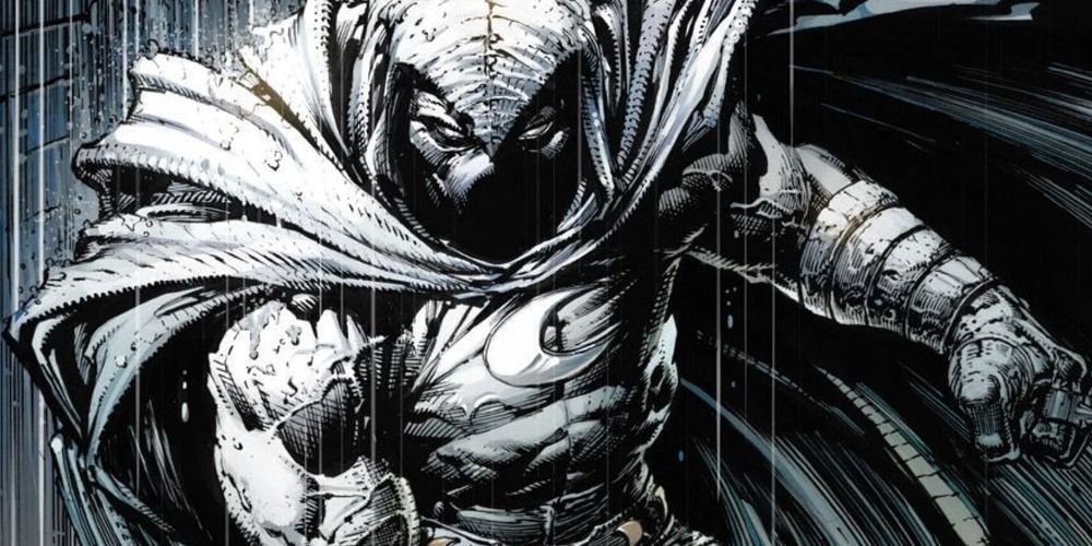 An image of Moon Knight standing in the rain in the Marvel comics